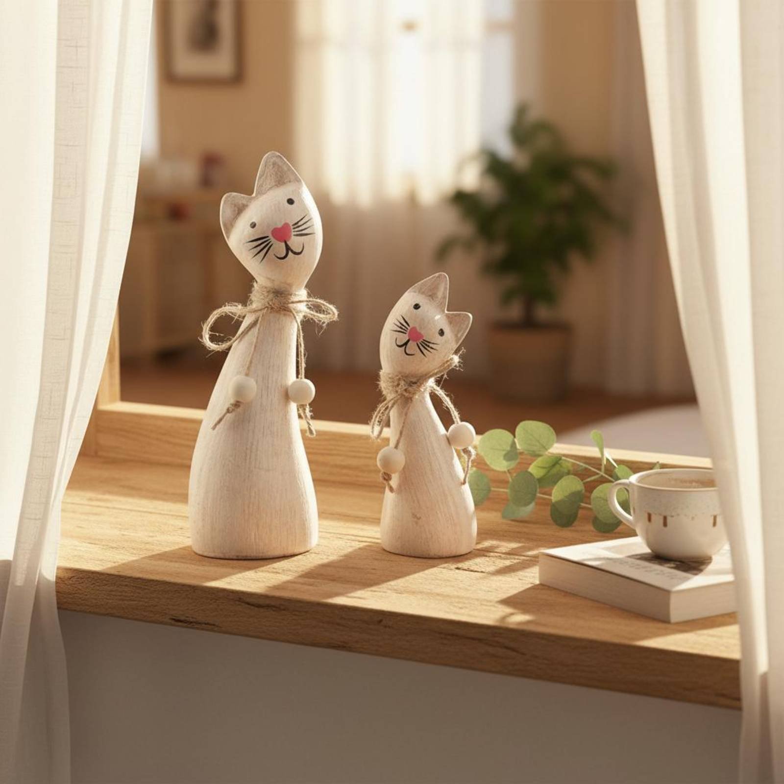 Woodworking Artisans - 2 Pieces Couple Cat Statue Artisanal